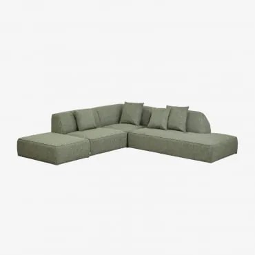3-delige Modulaire Hoekbank Met Rechter Chaise Longue En Gestoffeerde Poef Cardea Bouclé Saliegroen - Sklum