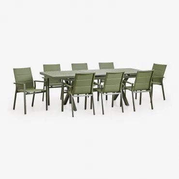 Karena Rechthoekige Uitschuifbare Tafelset 180-240x90 Cm En 8 Stapelbare Tuinstoelen Met Aluminium Armleuningen Groen – Intens Olijf - Sklum