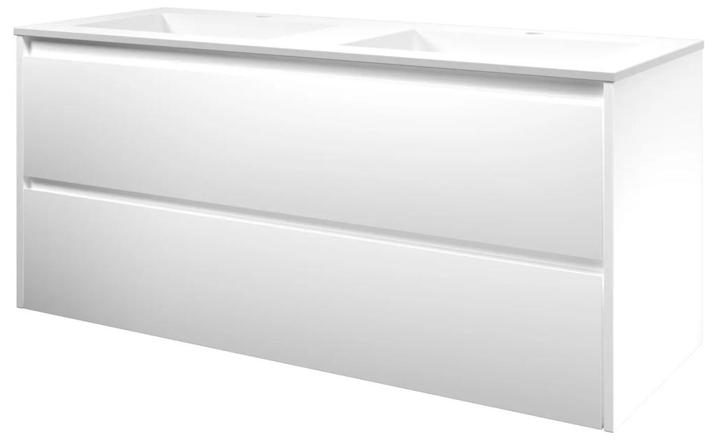 Elegant badmeubel met polystone wastafel met 2 kraangaten en onderkast symmetrisch - Mat wit/ Mat wit - 120x46cm (bxd)