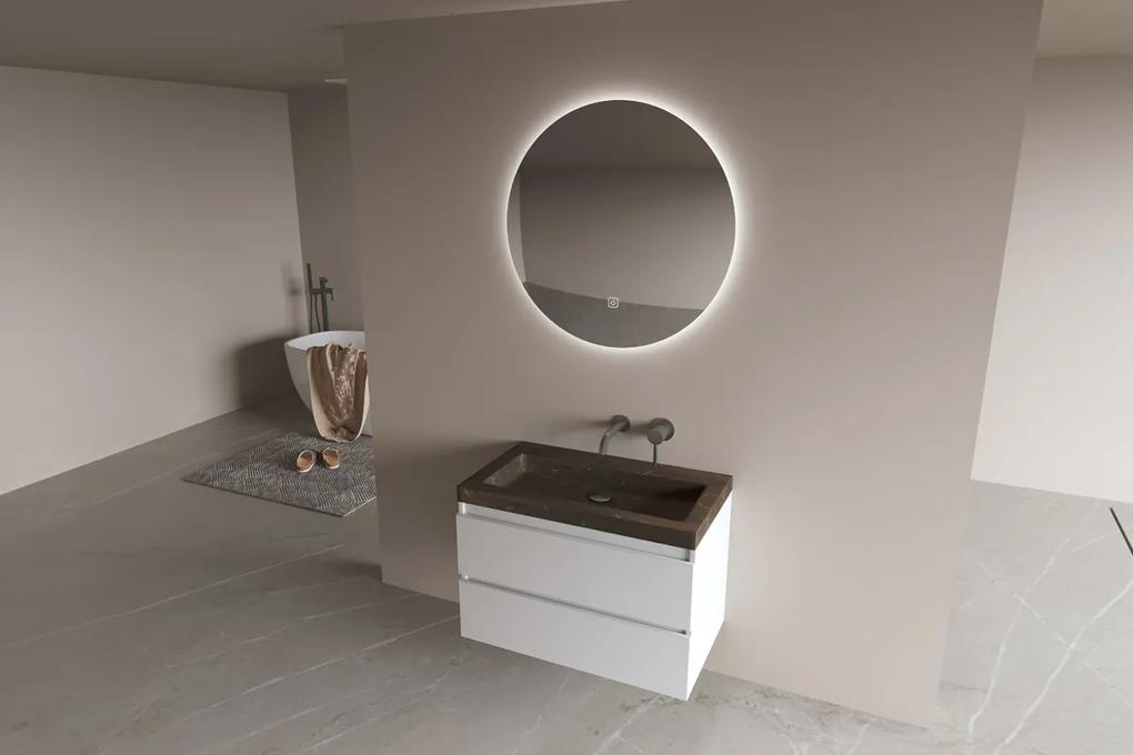 Fontana Freestone badkamermeubel mat wit 80cm met natuurstenen wastafel zonder kraangat en ronde spiegel
