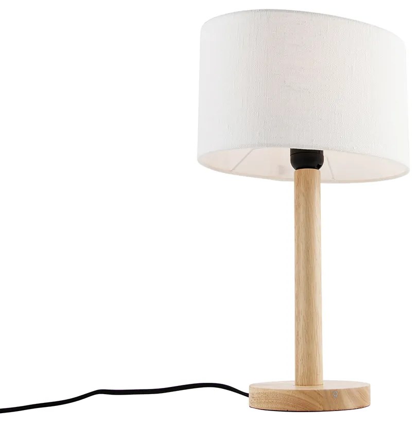 Tafellamp hout met ovale linnen kap wit 25cm - Mels Landelijk, Modern E27 rond Binnenverlichting Lamp
