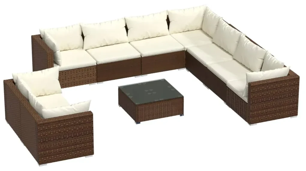 vidaXL 10-delige Loungeset met kussens poly rattan bruin