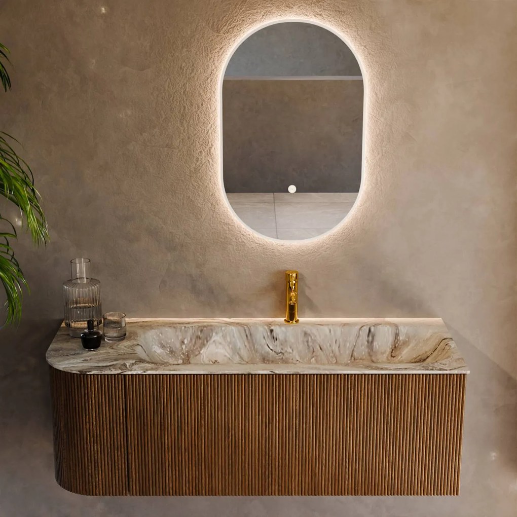 Mondiaz Kurve-dlux 125cm badmeubel ronding links dusk met 1 lade en deur en wastafel big medium kraangat rechts glace