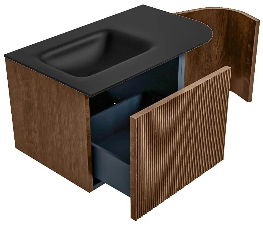 Mondiaz Kurve 75cm badmeubel ronding rechts walnut met 1 lade en deur en wastafel grunne kraangat links urban