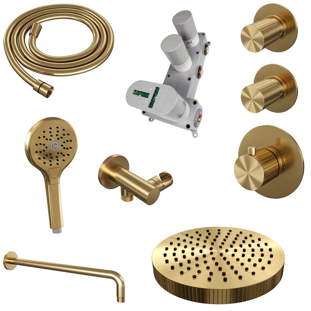 Brauer Stripe inbouw regendouche met 25cm hoofddouche, gebogen muurarm en 3 standen handdouche set 5 messing geborsteld PVD