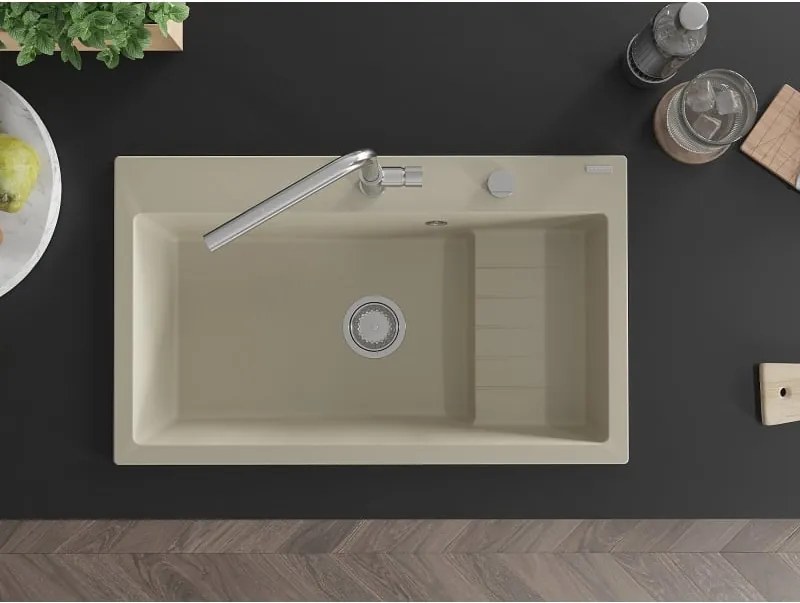 Mexen Omar granit wastafel 1-komorige 800 x 480 mm, beige, chroom sifon - 6520801005-69
