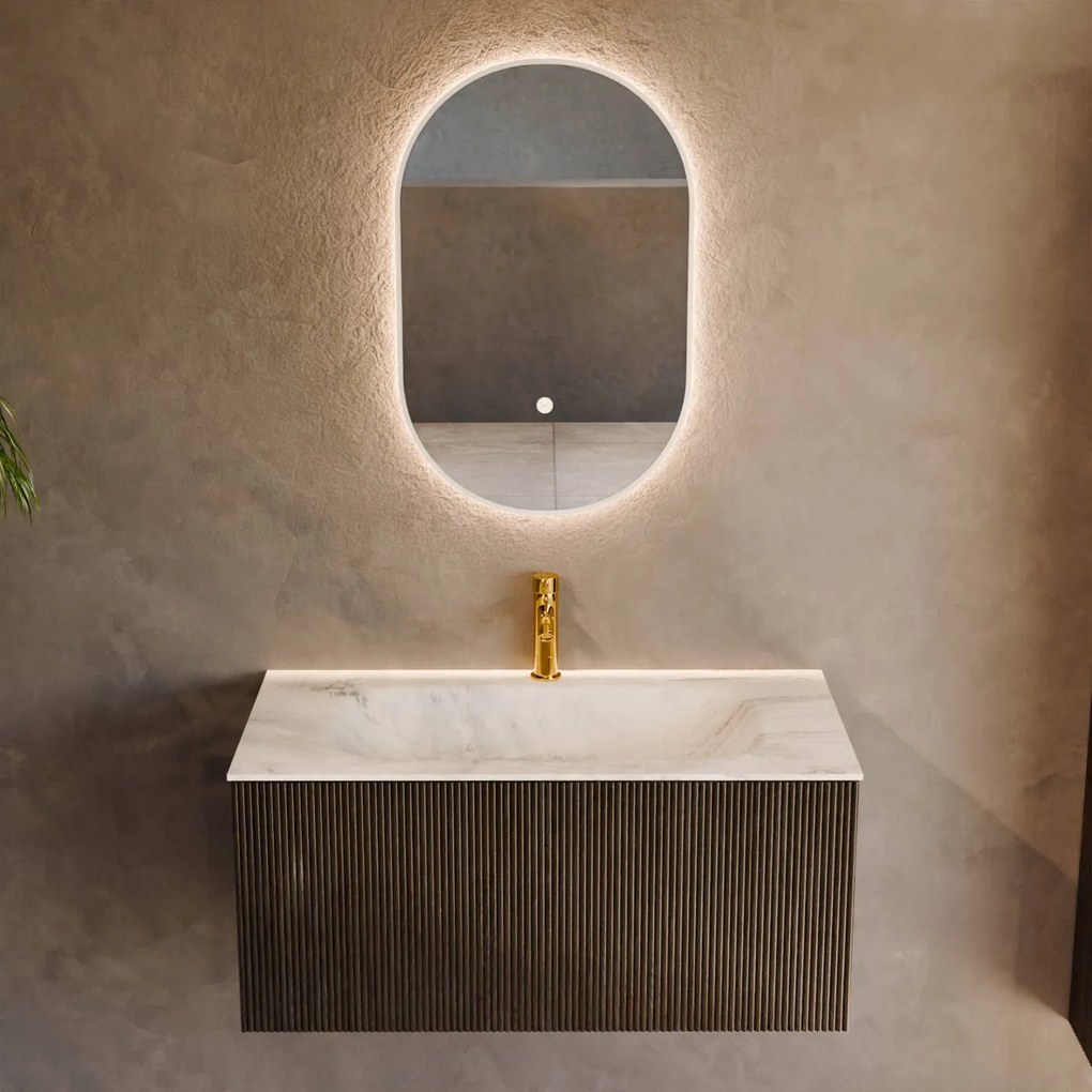 Mondiaz Kurve-dlux 90cm badmeubel shadow met 1 lade en wastafel big small midden 1 kraangat opalo