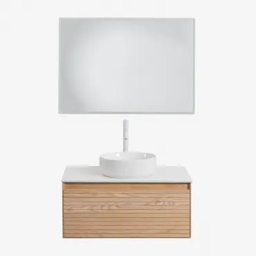 Tedrik Badkamermeubelset In Essenhout Ash Brown & Rond Keramiek Wit Ø40 Cm Lenka & Rechthoekige Led En Anticondens 100x70 Cm Tamsin & Wit - Sklum