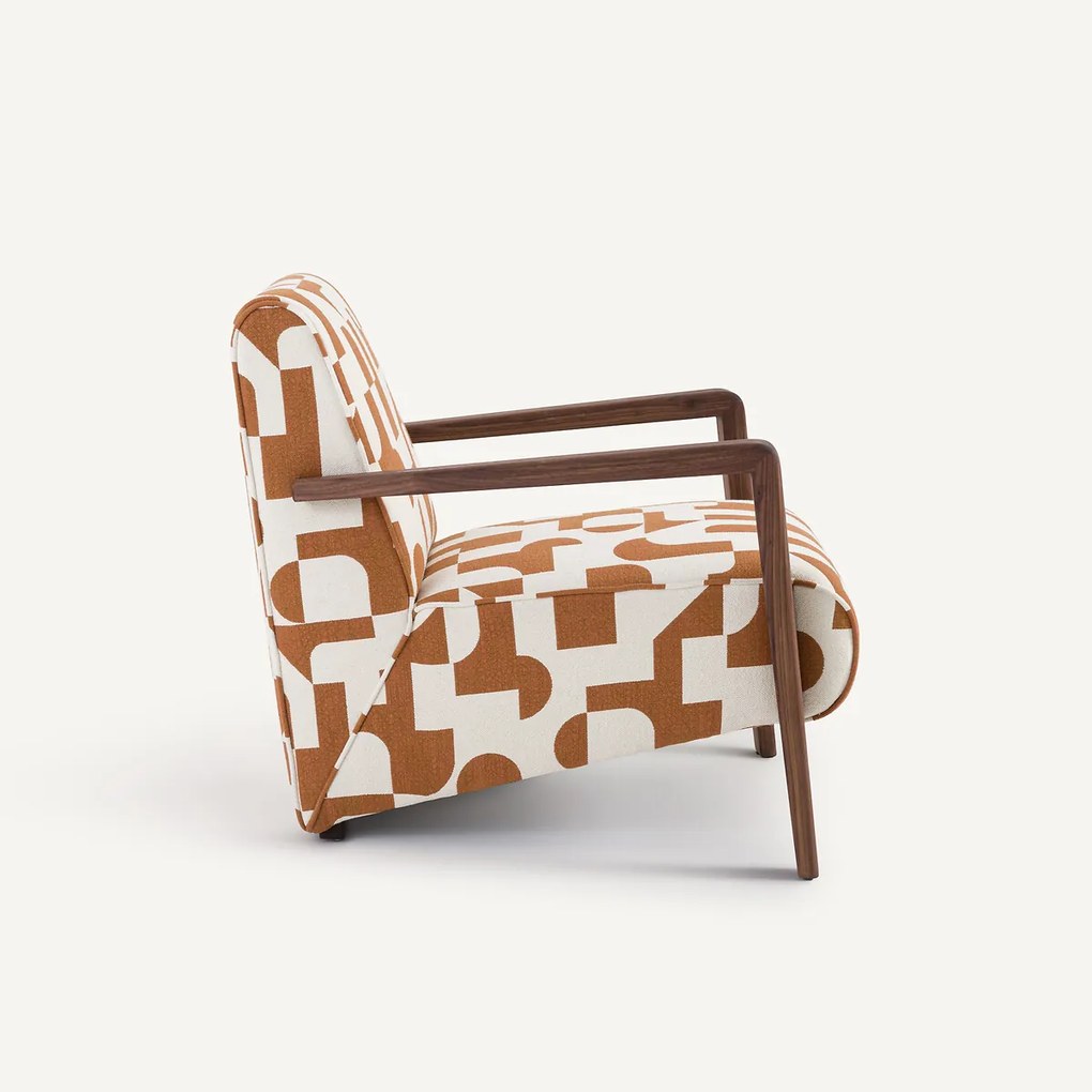 Fauteuil van massief notenhout, jacquard stof, Sanami