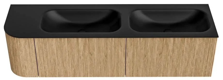 Mondiaz Kurve 165cm badmeubel ronding links oak met 2 lades en 1 deur en wastafel big small dubbel/rechts 2 kraangaten urban