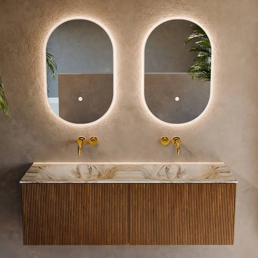 Mondiaz Kurve-dlux 130cm badmeubel dusk met 2 lades en wastafel leaf dubbel zonder kraangat glace