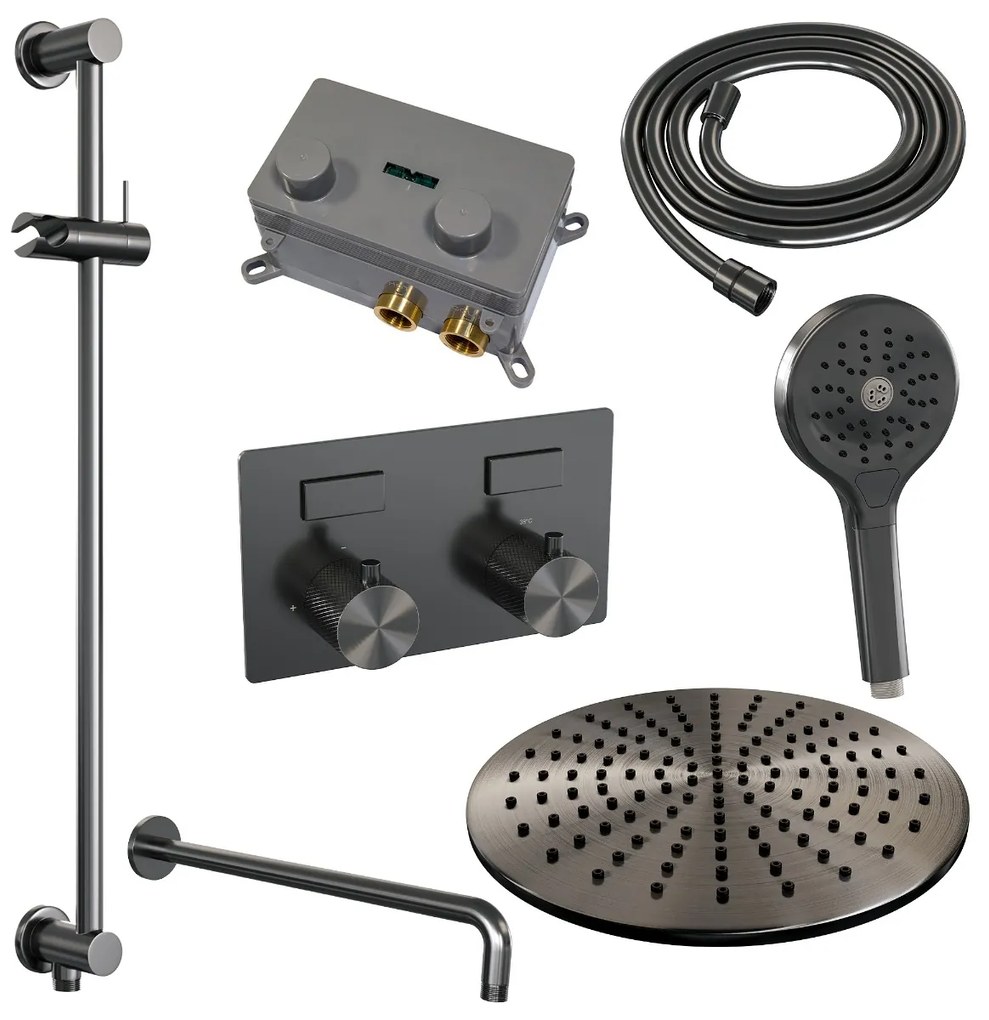 Brauer Gunmetal Carving thermostatische inbouw regendouche met 3 standen handdouche, gebogen muurarm, glijstang en hoofddouche 30cm set 70 gunmetal geborsteld PVD