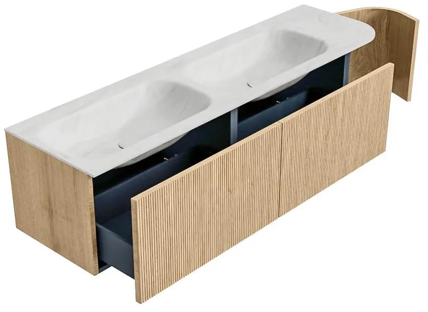 Mondiaz Kurve-dlux 165cm badmeubel ronding rechts oak met 2 lades en 1 deur en wastafel stor small dubbel/links zonder kraangat opalo