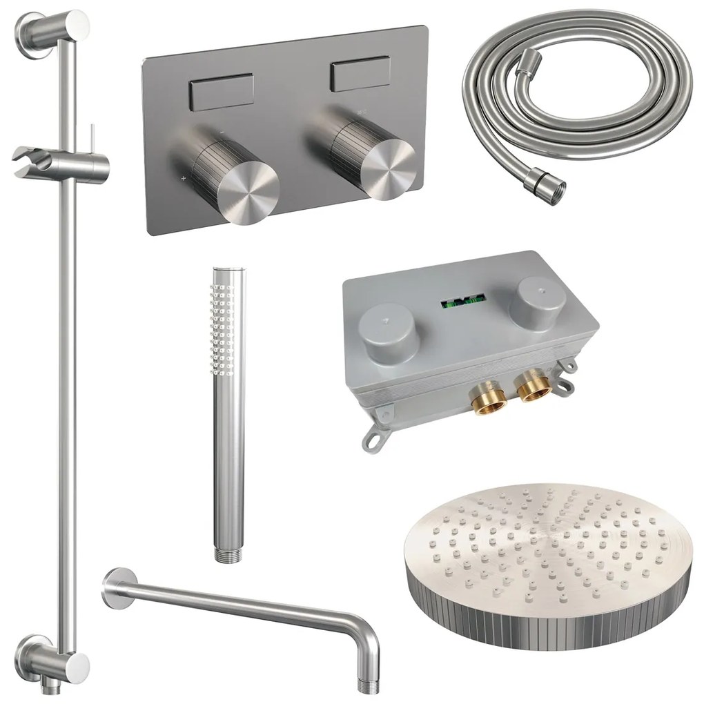 Brauer Stripe inbouw regendouche met 25cm hoofddouche, gebogen muurarm, staafhanddouche en glijstang set 32 RVS geborsteld PVD