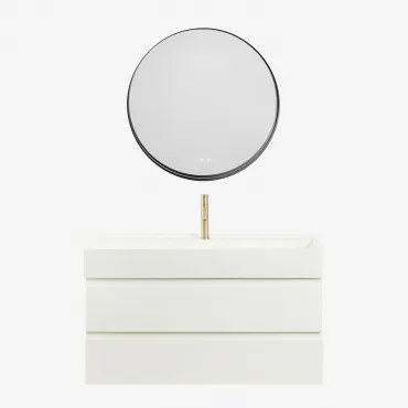 Ona Zwevend Badkamermeubelset Van Hout En Essenfineer Met Geïntegreerde Wastafel Wit & Round Led And Antifog Zwart Ø80 Cm - Sklum