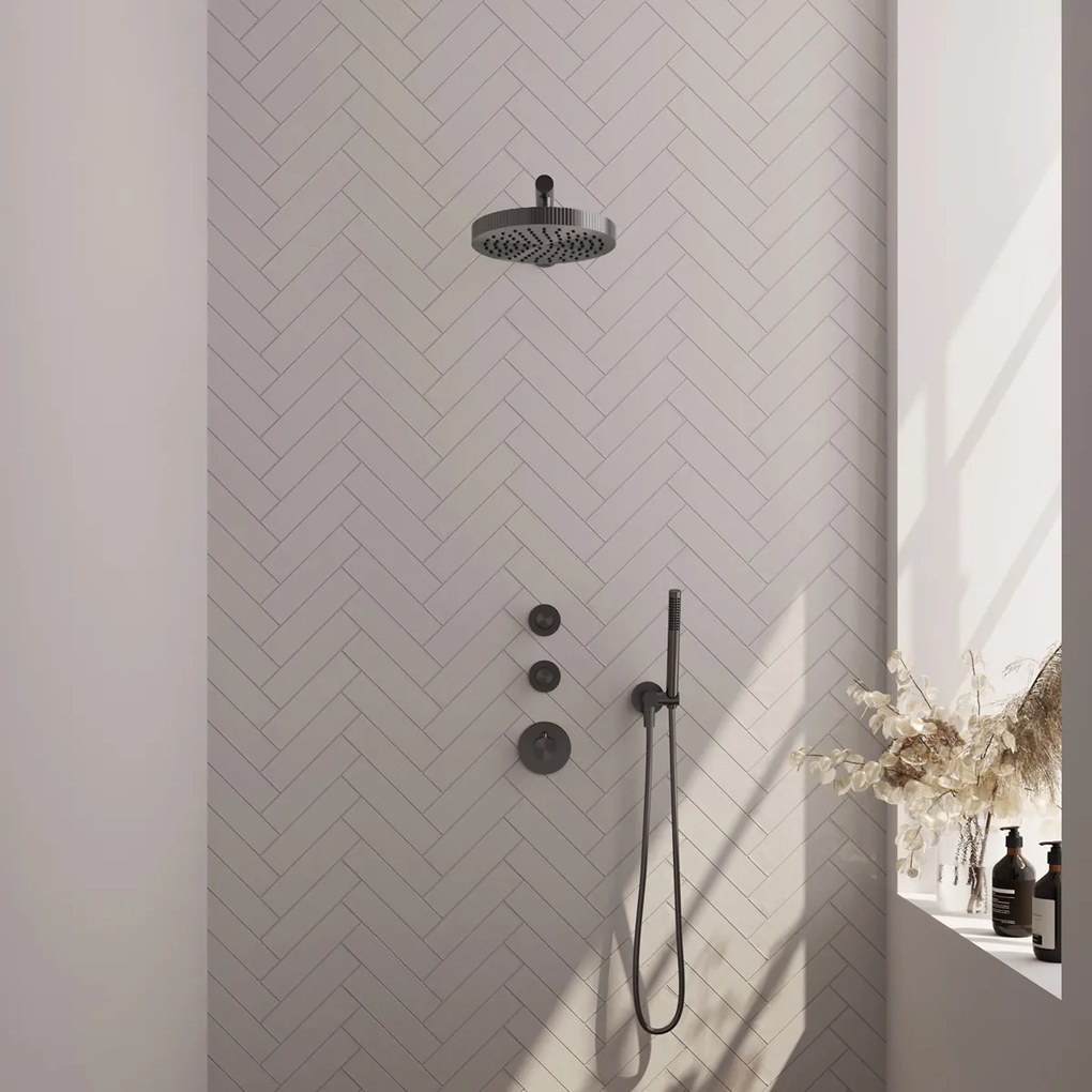Brauer Stripe inbouw regendouche met 25cm hoofddouche, rechte muurarm en staafhanddouche set 1 gunmetal geborsteld PVD