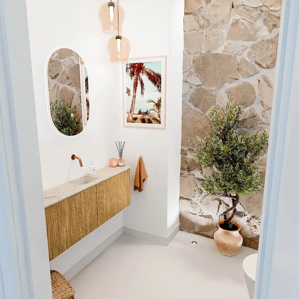Mondiaz Joya DLux 125cm toiletmeubel ronding links/rechts oak met wastafel faye midden zonder kraangat frappe