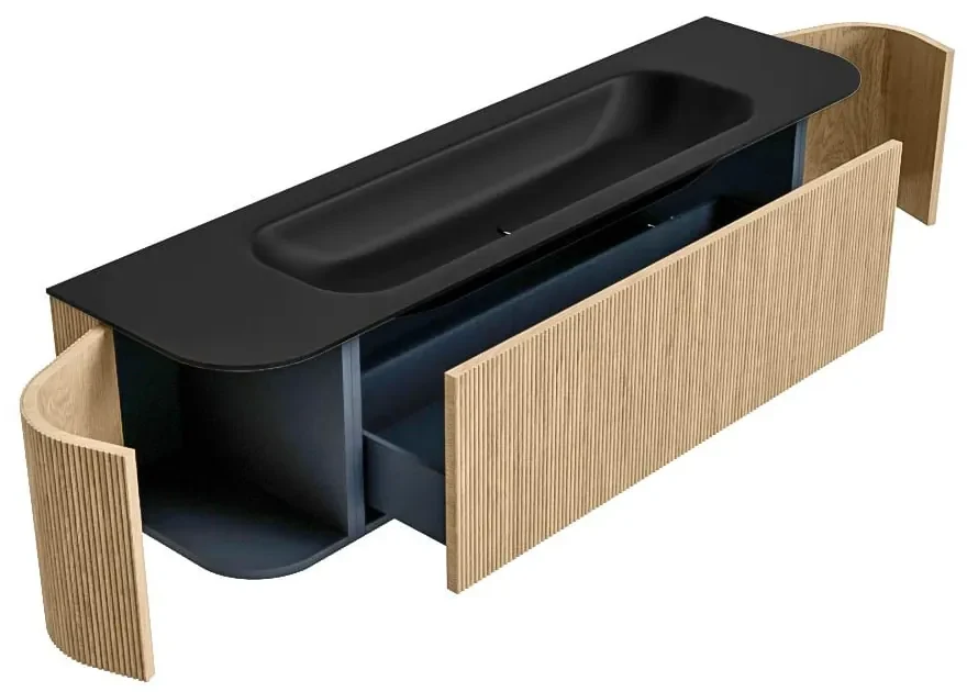 Mondiaz Kurve 170cm badmeubel ronding links/rechts oak met 1 lade en 2 deuren en wastafel big large midden 1 kraangat urban