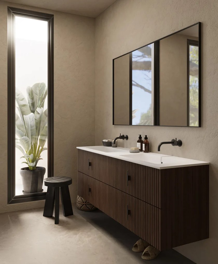 Muebles Avila badmeubel ribbelfront 160cm walnoot met dubbele wastafel zonder kraangaten