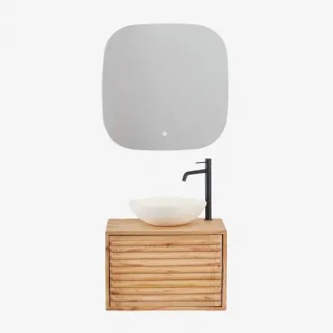 Deleyna Zwevend Houten Badkamermeubelset Natuurlijk Hout & Rond Cement Wit Ø40 Cm Zavion & Vierkant Led En Anticondens 75x75 Cm Riben & - Sklum