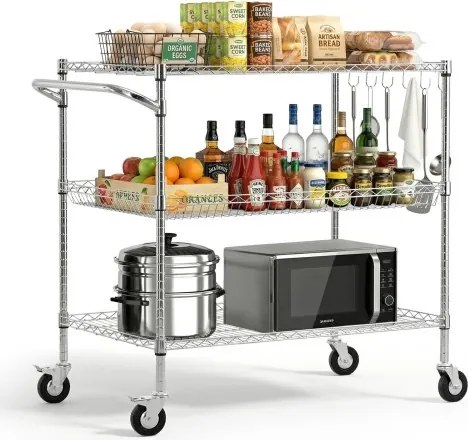 VEVOR 3-laags keukentrolley, robuuste serveerwagen tot 454 kg, rolwagen met in hoogte verstelbare draadplanken en handgreep, metalen plank op wielen voor keuken, garage en wasruimte, 1016 x 635 x 1040 mm