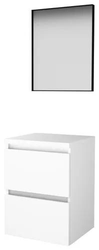 Basic-Line Framed 46 badkamermeubelset - 50x46cm - greeploos - 2 lades - wastafelblad - Spiegel - mat zwart aluminium frame - rondom - MDF lak Ice White 1813492