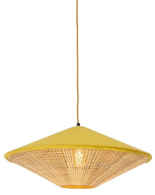 Landelijke hanglamp geel velours met rotan 60cm - Frills Can
