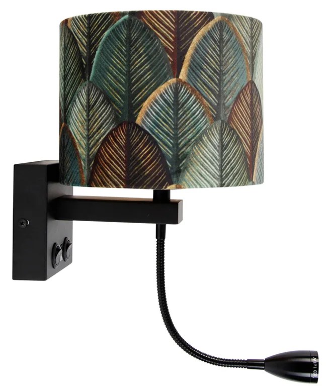 Wandlamp zwart met velours lampenkap blad dessin met gouden binnenkant - Brescia Combi Klassiek / Antiek, Modern E27 rond Binnenverlichting Lamp