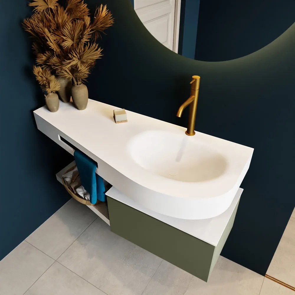 Mondiaz Riva badmeubel 120cm Army met 1 lade en wastafel rechts 1 kraangat Talc
