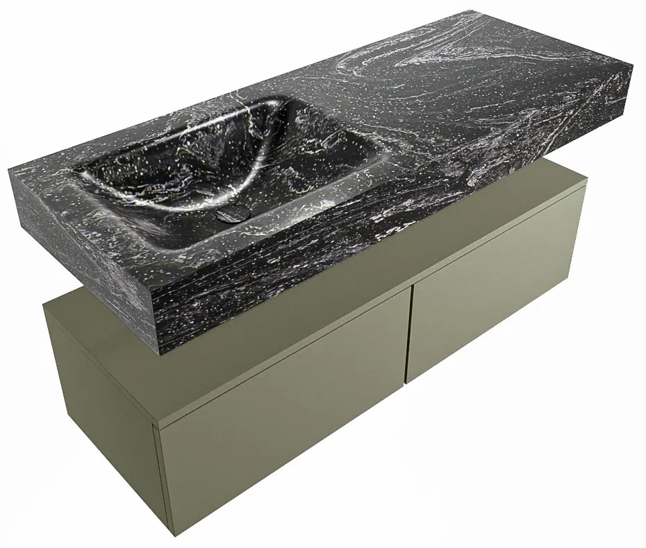 Mondiaz Alan DLux badmeubel 120cm army 2 lades met wastafel lava links 1 kraangat