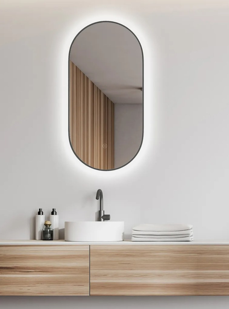 Mueller Ovalis ovale spiegel met LED, dimbaar en spiegelverwarming 50x100cm gunmetal