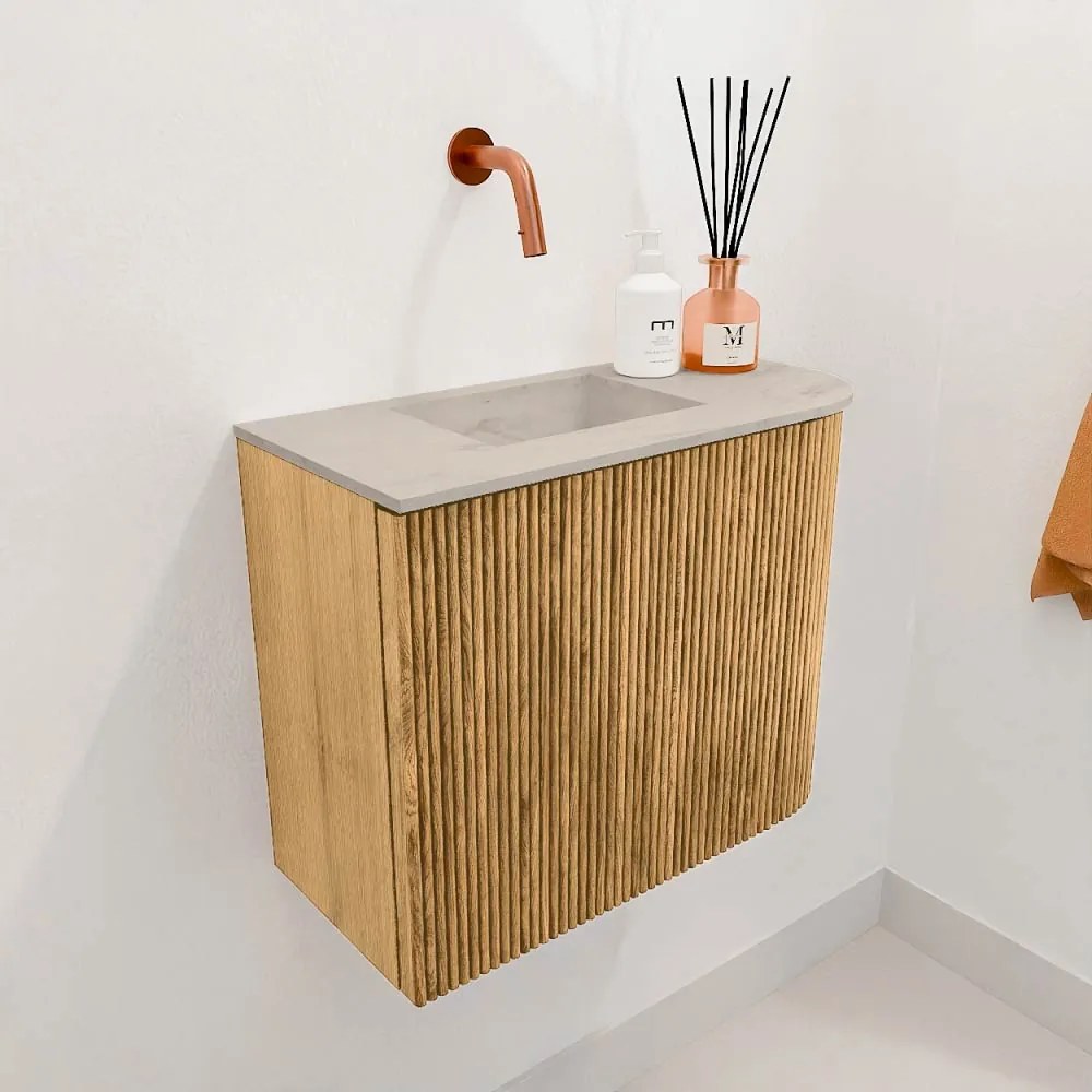 Mondiaz Joya DLux 50cm toiletmeubel ronding rechts oak met wastafel faye links zonder kraangat opalo
