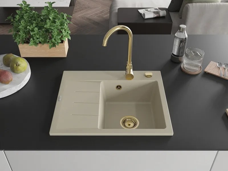 Mexen Ben granit gootsteen 1-kommer met afdruiprek, rechts 600 x 500 mm, beige, gouden sifon - 6523605000-69-G
