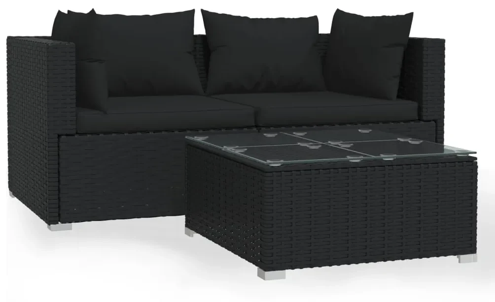 vidaXL 3-delige Loungeset met kussens poly rattan zwart