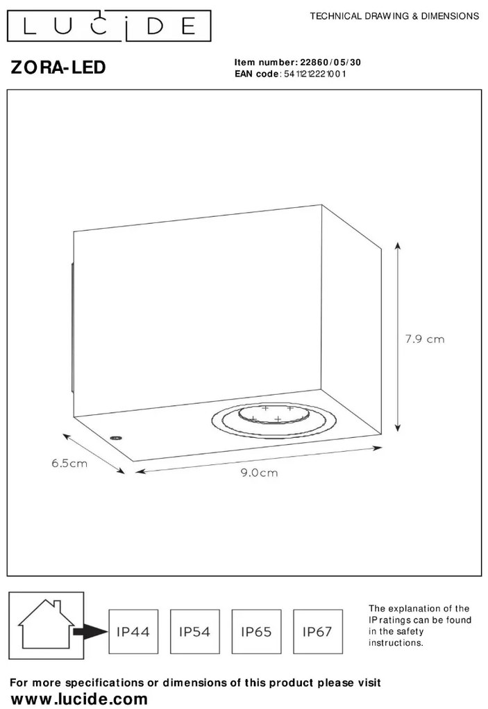 Lucide Zora-LED wandspot 5W 10x8cm zwart