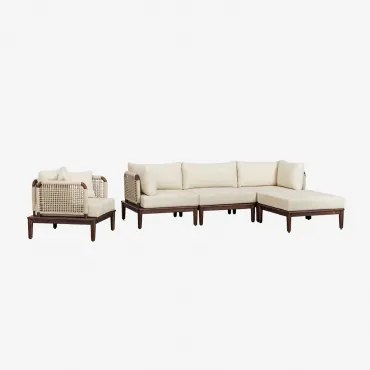 Tuinset Met Modulaire 3-delige Bank Met 2 Hoekfauteuils, Poef En Fauteuil In Acacia Giulia Beige – Crème - Sklum