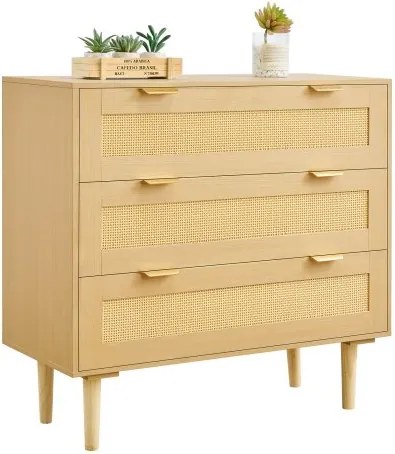 VEVOR Rattan Commode met 3 Laden, Metalen Handgrepen &amp; Houten Poten, Moderne Rattan Kast voor Slaapkamer, Woonkamer, Hal (80 x 35 x 77 cm) Kledingkast, Ladekast