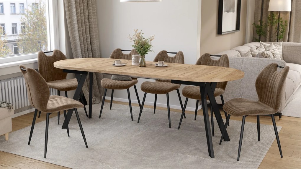 Mazzoni ALMO Craft Eiken Goud / zwarte poten - OVALE UITSCHUIFTAFEL 120-220 cm VOOR 10-12 PERSONEN