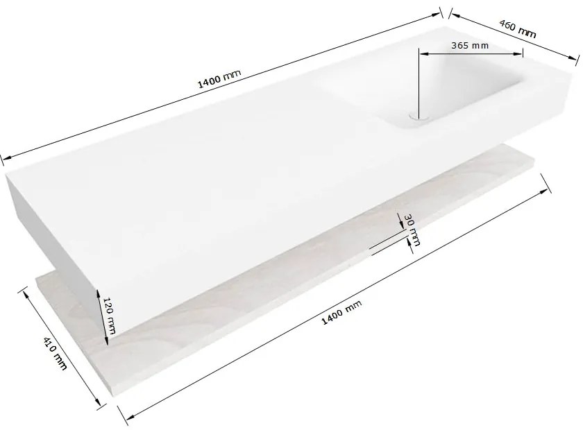 Zaro Alan badmeubel 140cm met planchet washed oak en vrijhangende wastafel cloud rechts 1 kraangat urban