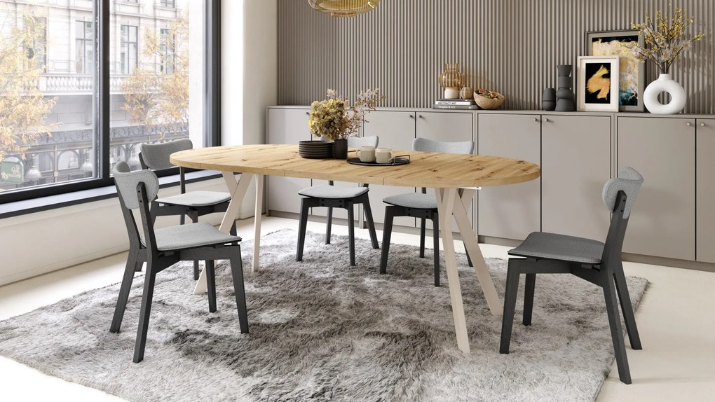ALDO 100 Eiken Artisan/Beige poten - RONDE LOFT/INDUSTRIËLE TAFEL VOOR WOONKAMER/EETKAMER, UITSCHUIFBAAR