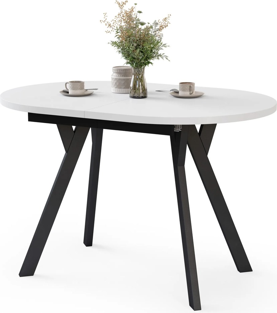 Mazzoni ALMO Wit mat / zwarte poten - OVALE UITSCHUIFTAFEL 120-220 cm VOOR 10-12 PERSONEN
