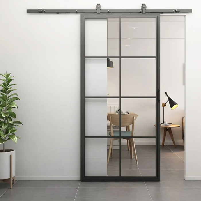 Stalen Schuifdeur Smartline 8 Vaks Helder Glas 236,0 X 96,0 Cm - Zwart - Incl. Rails