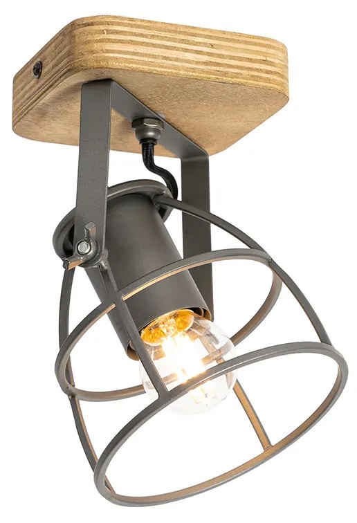 Industriële Spot / Opbouwspot / Plafondspot antraciet met hout verstelbaar - Arthur Industriele / Industrie / Industrial E27 vierkant Binnenverlichting Lamp