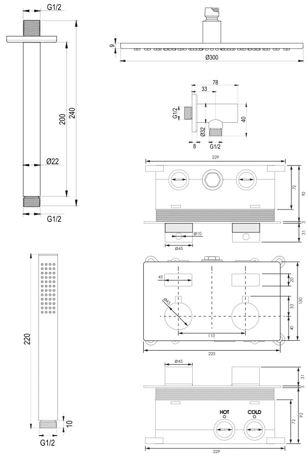 Brauer Chrome Edition thermostatische inbouw regendouche met staafhanddouche, plafondarm en hoofddouche 30cm set 54 chroom