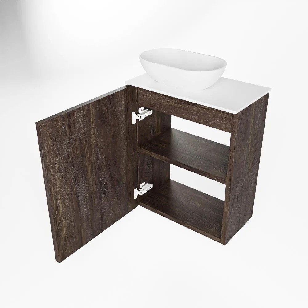 Mondiaz Fowy toiletmeubel 40cm dark brown met witte waskom links en kraangat