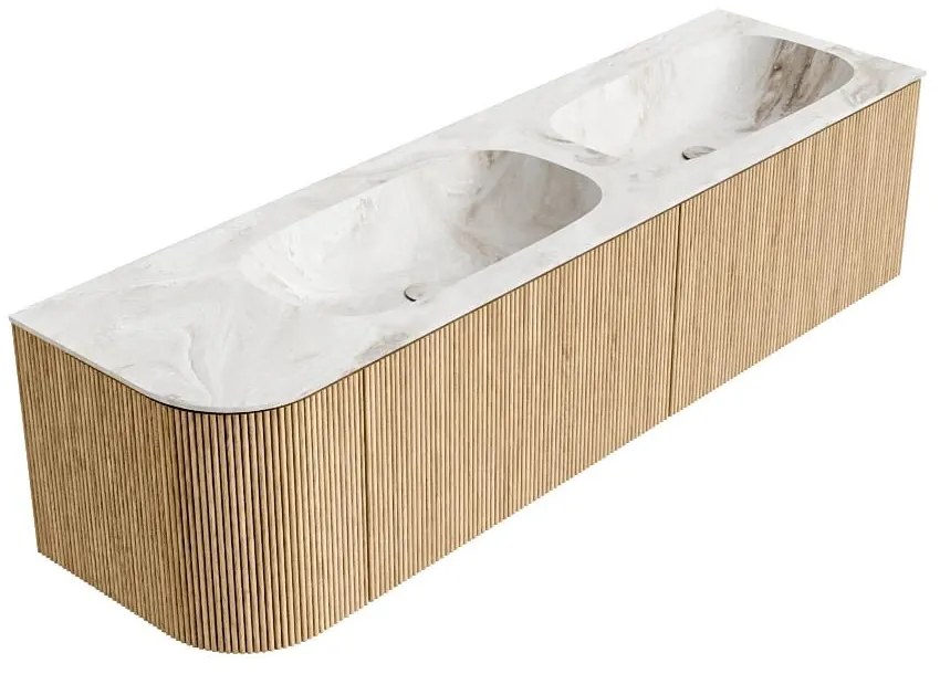 Mondiaz Kurve-dlux 165cm badmeubel ronding links oak met 2 lades en 1 deur en wastafel stor small dubbel/rechts zonder kraangat frappe