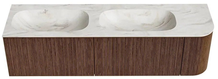Mondiaz Kurve-dlux 165cm badmeubel ronding rechts walnut met 2 lades en 1 deur en wastafel stor small dubbel/links zonder kraangat ostra