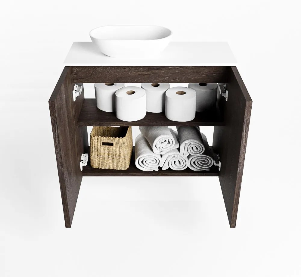 Mondiaz Fowy toiletmeubel 60cm dark brown met witte waskom links en kraangat