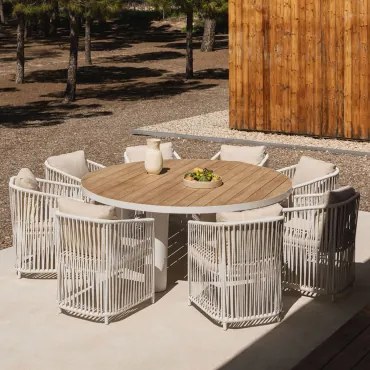 Ronde Tafelset Riviera, Ø180 Cm, In Teakhout En Aluminium, En 8 Sophie Tuinstoelen In Aluminium En Gevlochten Touw. Gardenia Wit - Sklum