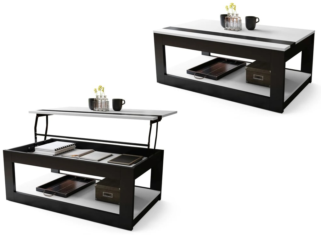 LUSSO Wit Mat/Zwart Mat - MODERNE SALONTAFEL MET VERHOOGD BLAD + OPBERGRUIMTE + SCHAP (OP WIELEN!)